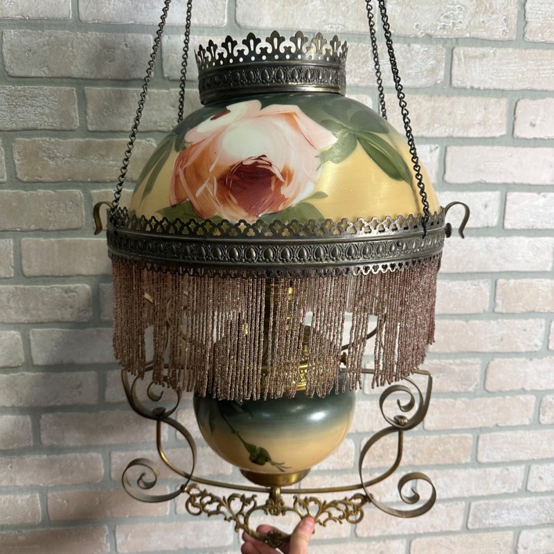 Antique Victorian Hanging Brass Oil Lamp w/ Painted Shades & Beaded Fringe