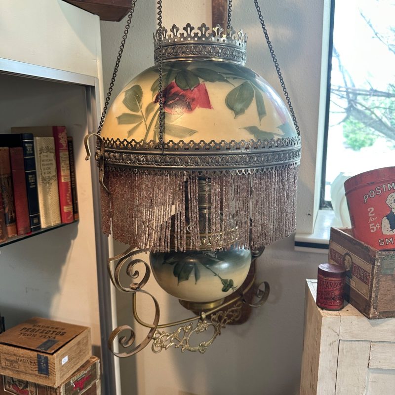 Antique Victorian Hanging Brass Oil Lamp w/ Painted Shades & Beaded Fringe