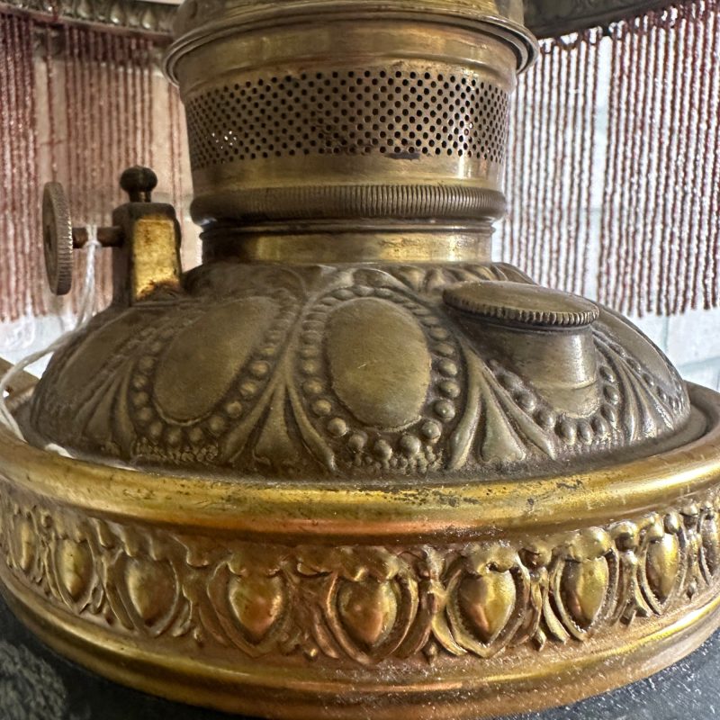 Antique Victorian Hanging Brass Oil Lamp w/ Painted Shades & Beaded Fringe