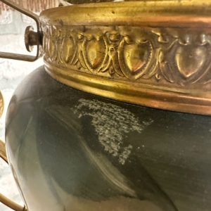 Antique Victorian Hanging Brass Oil Lamp w/ Painted Shades & Beaded Fringe