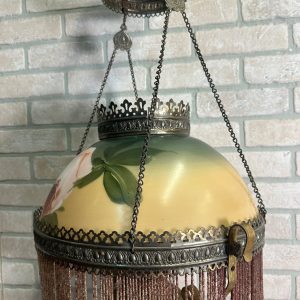 Antique Victorian Hanging Brass Oil Lamp w/ Painted Shades & Beaded Fringe