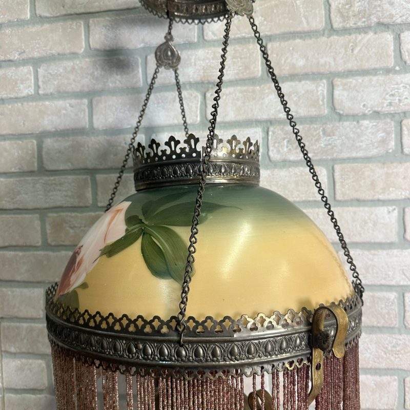 Antique Victorian Hanging Brass Oil Lamp w/ Painted Shades & Beaded Fringe