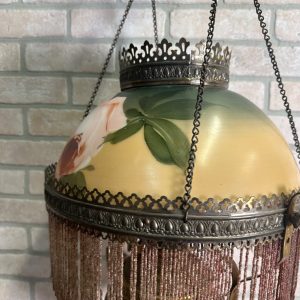 Antique Victorian Hanging Brass Oil Lamp w/ Painted Shades & Beaded Fringe