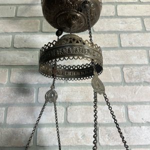 Antique Victorian Hanging Brass Oil Lamp w/ Painted Shades & Beaded Fringe