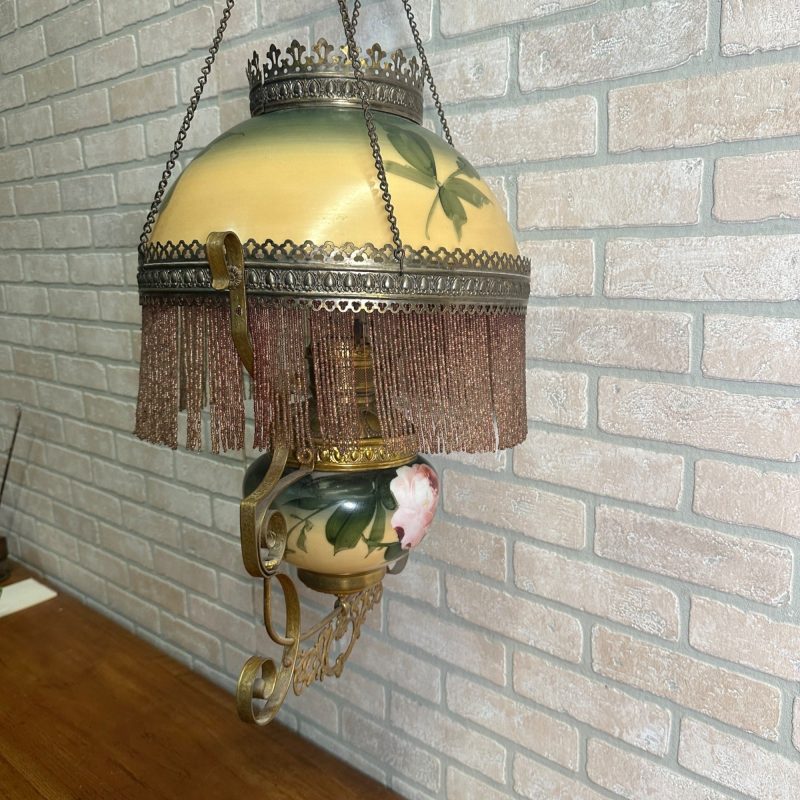 Antique Victorian Hanging Brass Oil Lamp w/ Painted Shades & Beaded Fringe