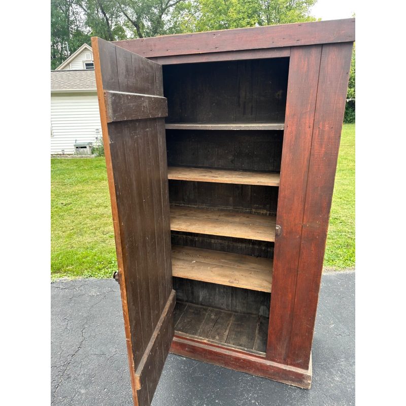 Antique Primitive Red Painted Farmhouse Kitchen Large Pantry Cupboard