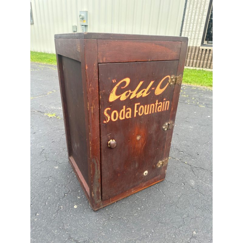 XKgRtQWW_0.jpg Vintage Early 1900s "Cold-O" Soda Fountain Wooden Cabinet Advertising Store Display