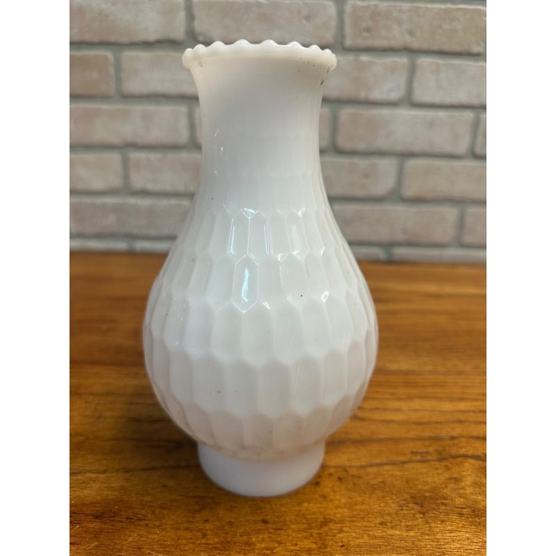 Vintage 8.5” White Fluted Milk Glass Beaded Hurricane Chimney Oil Lamp Shade