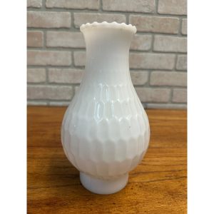 Vintage 8.5” White Fluted Milk Glass Beaded Hurricane Chimney Oil Lamp Shade