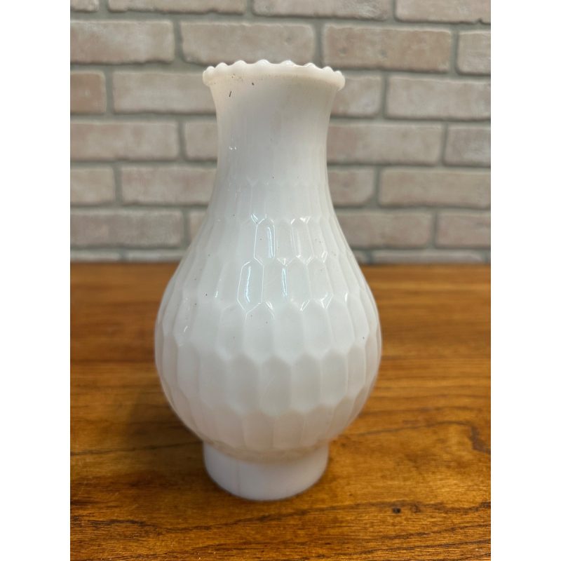 Vintage 8.5” White Fluted Milk Glass Beaded Hurricane Chimney Oil Lamp Shade