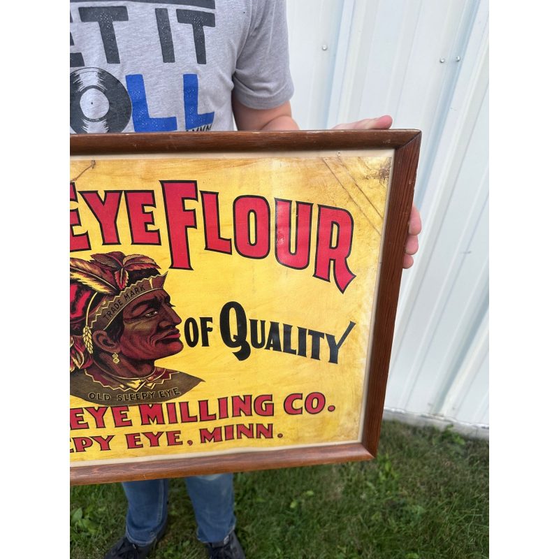 Original Sleepy Eye Flour Paper Litho Framed Sign Advertising Native American