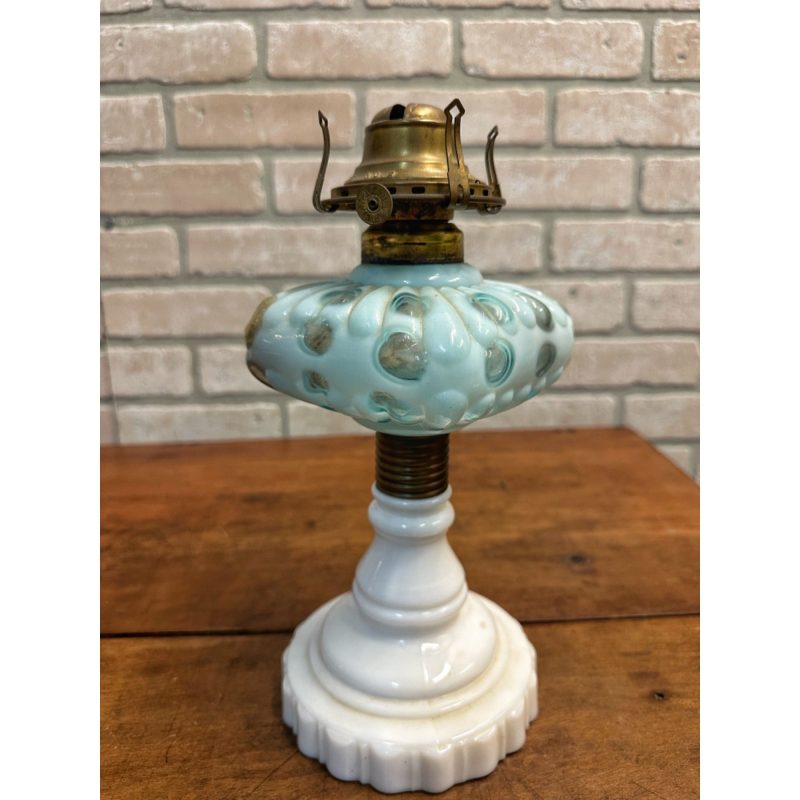 f862eff8-f9fd-48fe-b45d-0f03afa89839_LP.jpg Antique Hobbs Dot Blue Opalescent Art Glass EAPG Oil Lamp Milk Glass