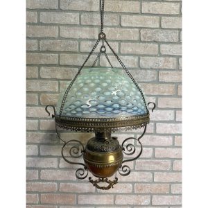 fb2FJHMa_0.jpg RARE Antique Victorian Blue Opalescent Shade Hanging Bradley Hubbard Oil Lamp