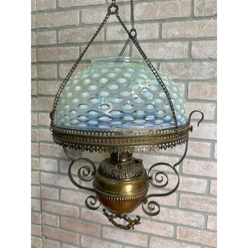 fb2FJHMa_1.jpg RARE Antique Victorian Blue Opalescent Shade Hanging Bradley Hubbard Oil Lamp
