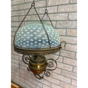 fb2FJHMa_5.jpg RARE Antique Victorian Blue Opalescent Shade Hanging Bradley Hubbard Oil Lamp