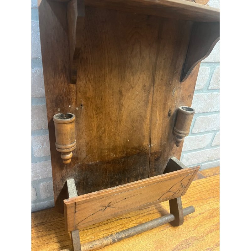 Antique Oak Eastlake Victorian Wall Pocket Shelf w/ Towel Rack & Candle Holders