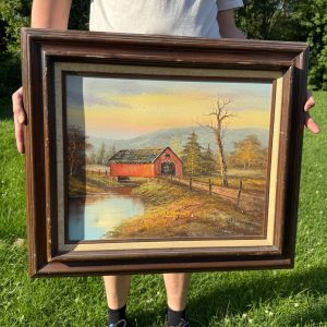 Vintage Mid-Century Oil on Canvas Framed Barn Painting Countryside Farm Scene