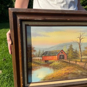 Vintage Mid-Century Oil on Canvas Framed Barn Painting Countryside Farm Scene
