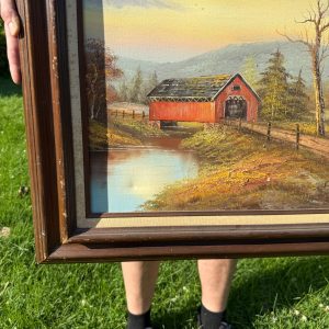 Vintage Mid-Century Oil on Canvas Framed Barn Painting Countryside Farm Scene