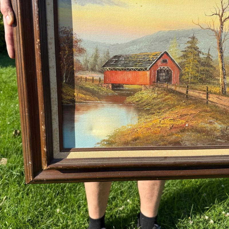 Vintage Mid-Century Oil on Canvas Framed Barn Painting Countryside Farm Scene