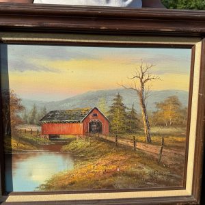Vintage Mid-Century Oil on Canvas Framed Barn Painting Countryside Farm Scene
