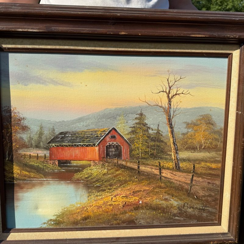 Vintage Mid-Century Oil on Canvas Framed Barn Painting Countryside Farm Scene