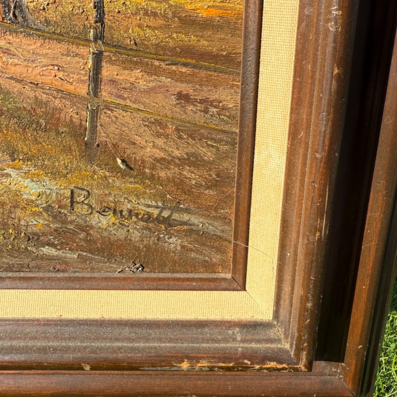 Vintage Mid-Century Oil on Canvas Framed Barn Painting Countryside Farm Scene