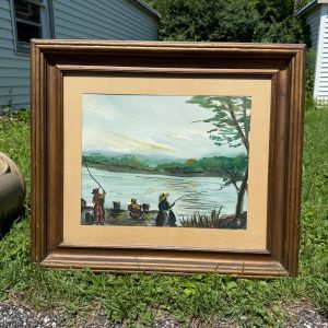 Vintage Mid-Century Framed Watercolor Art Fishing on Pier Lake Cabin Scene