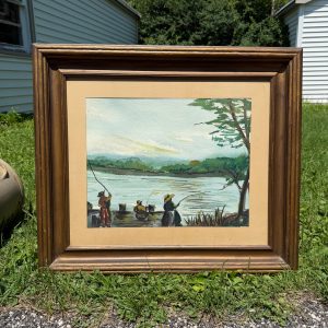 Vintage Mid-Century Framed Watercolor Art Fishing on Pier Lake Cabin Scene