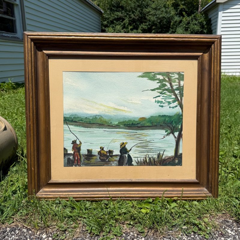 Vintage Mid-Century Framed Watercolor Art Fishing on Pier Lake Cabin Scene