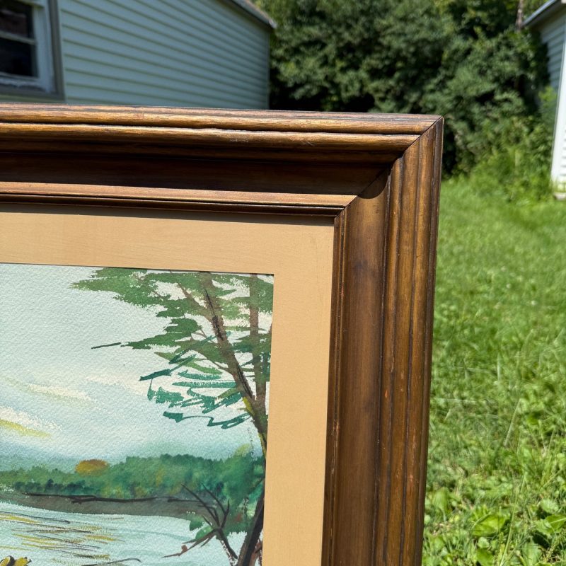 Vintage Mid-Century Framed Watercolor Art Fishing on Pier Lake Cabin Scene