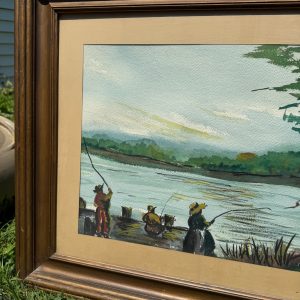 Vintage Mid-Century Framed Watercolor Art Fishing on Pier Lake Cabin Scene