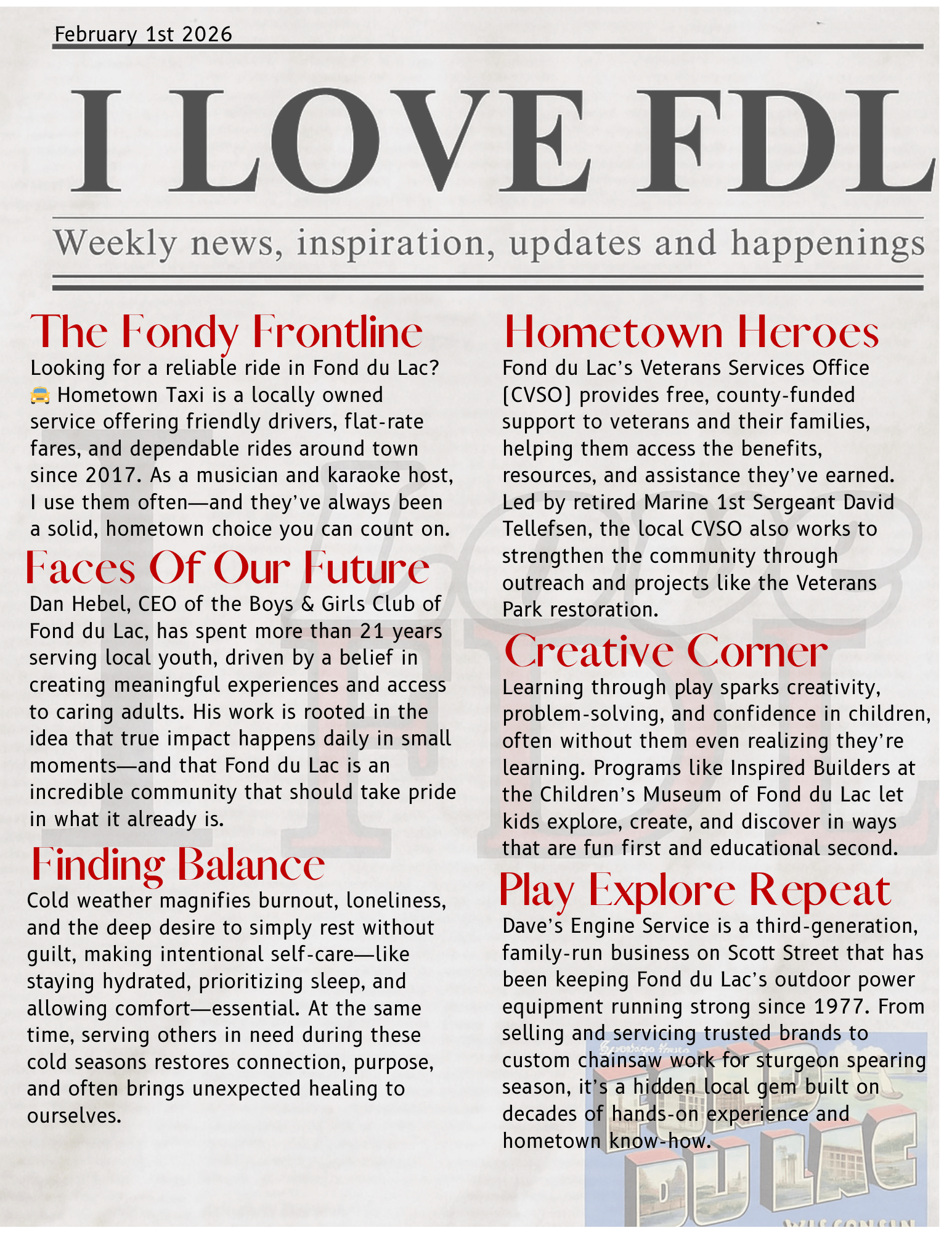 The 4th edition of The Fdl 6 Pack I Love Fond du Lac news paper. November 23, 2025