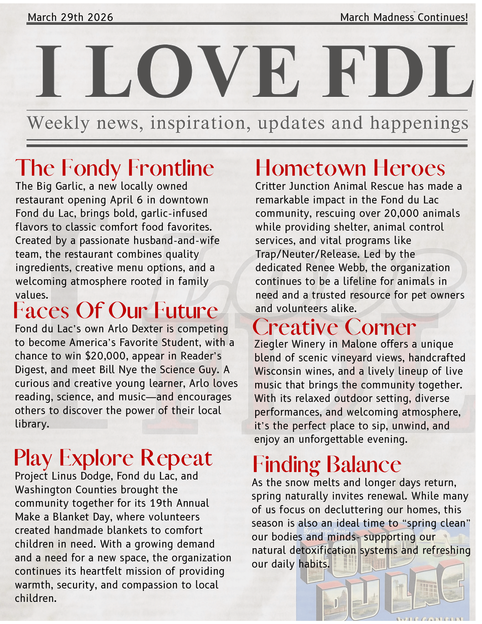 The 4th edition of The Fdl 6 Pack I Love Fond du Lac news paper. November 23, 2025