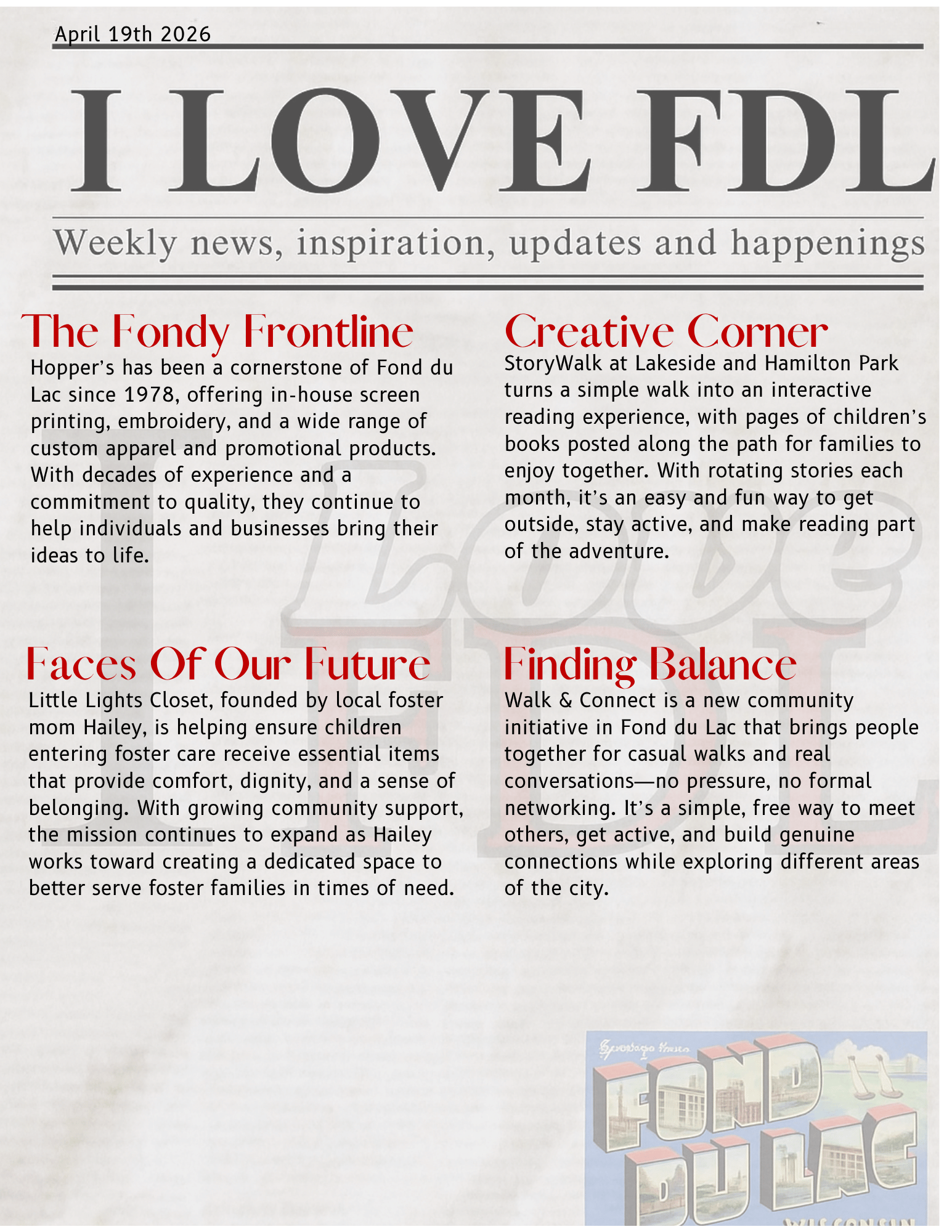 The 4th edition of The Fdl 6 Pack I Love Fond du Lac news paper. November 23, 2025
